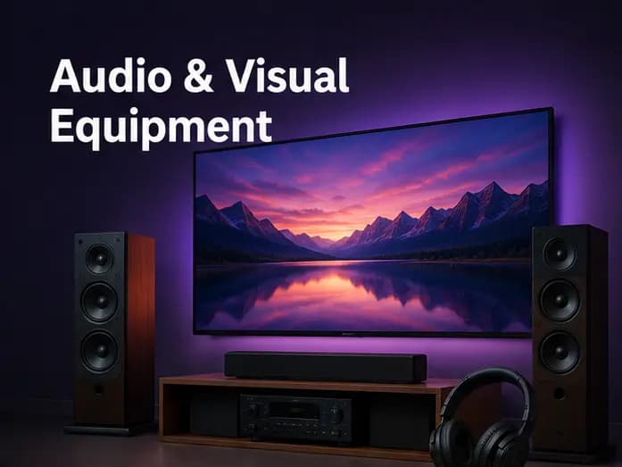 Premium home entertainment system featuring a large 4K display, surround sound speakers, soundbar, and wireless headphones.