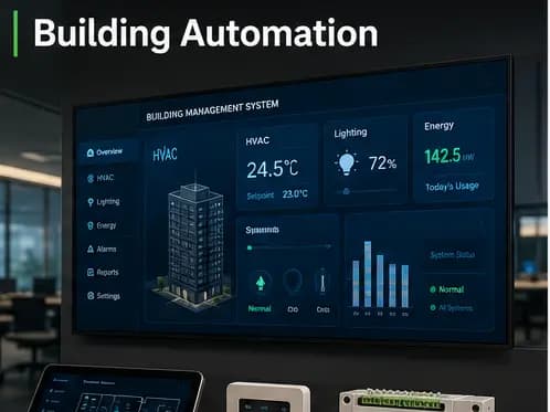 Smart building management with HVAC, lighting, and energy control systems.