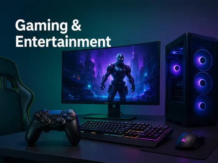 High-performance gaming setup with RGB desktop PC, gaming monitor, controller, keyboard, and immersive entertainment accessories.