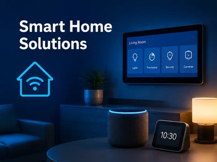 Modern smart home setup with smart display, voice assistant, connected lighting, and home automation devices in a contemporary living room.
